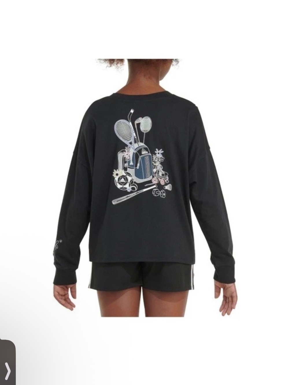 NWT adidas Girls Black Long-Sleeve Tee with Sports Gear Graphic Sz L $25